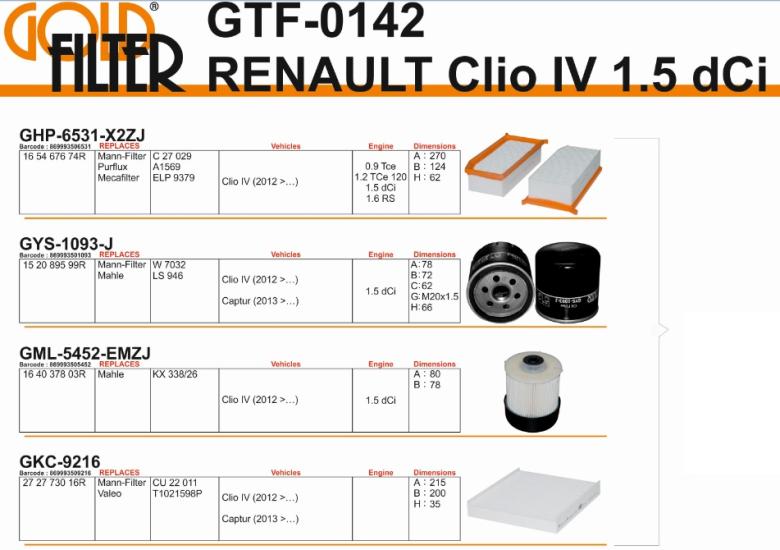 FİLTRE SETİ GTF0142 CLIO-IV (12-) 1.5 DCI