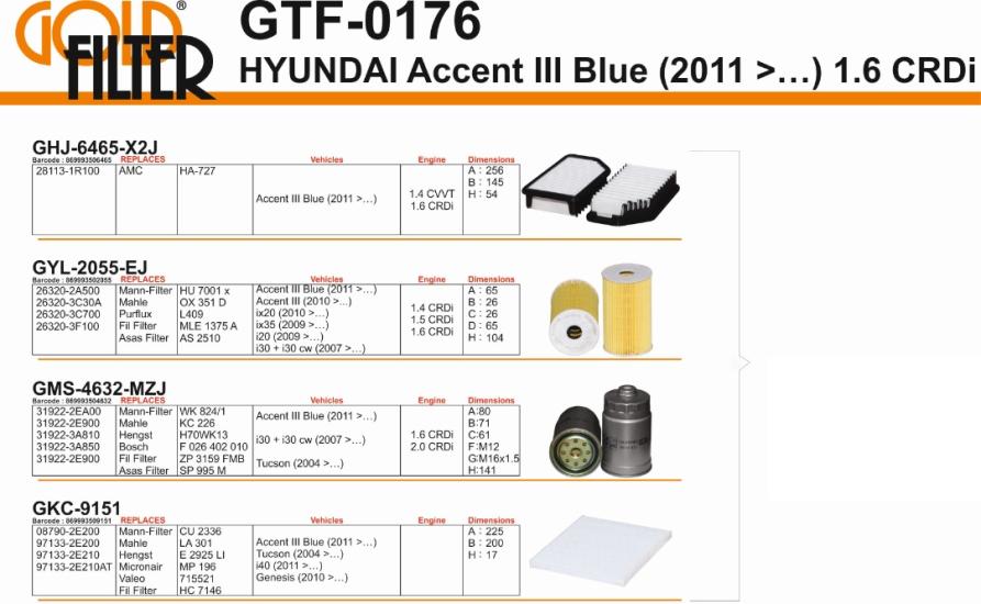 FİLTRE SETİ GTF0176 ACCENT-III BLUE (11-) 1.6 VGT CRDI